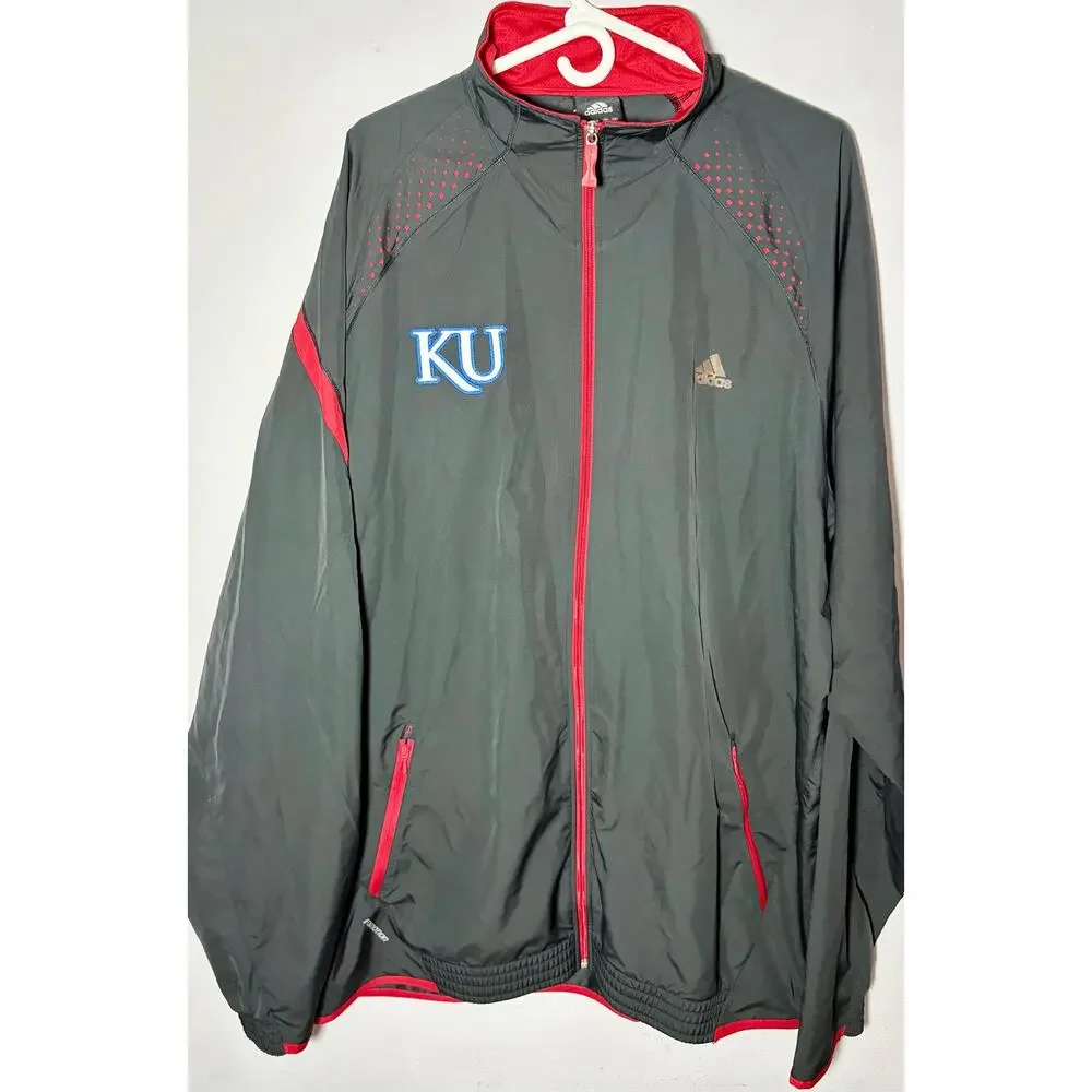 Vintage Kansas Jayhawks Full Zip Adidas Embroidered Gray Warm Up Jacket Sz 2XT